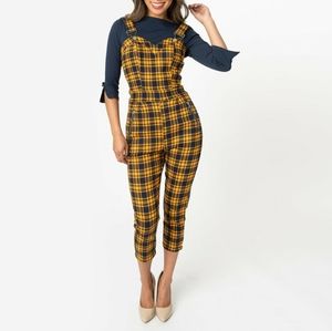 Mustard & Navy Plaid Cotton Overall Capri Jumpsuit